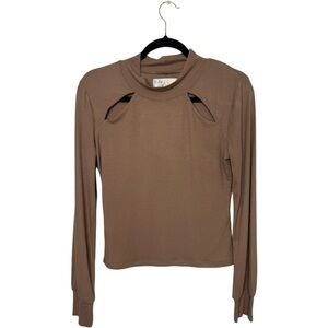Vintage Havana Rib Cutout Mock Neck Long Sleeve Top Neutral Brown Fitted Stretch